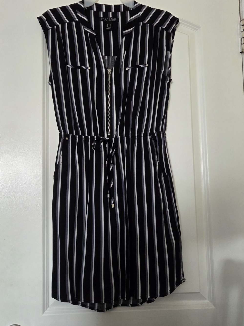 Mandee Black & White Vertical Stripe Zip-Front Mini Dress
